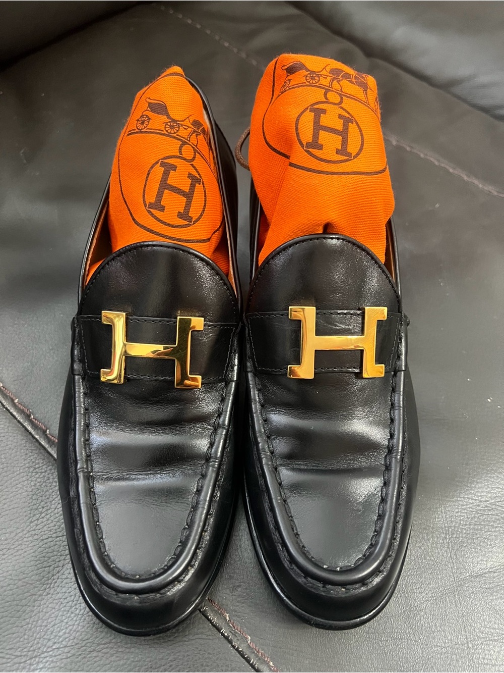 Hermes Leather Loafers Heels with Gold Hardware